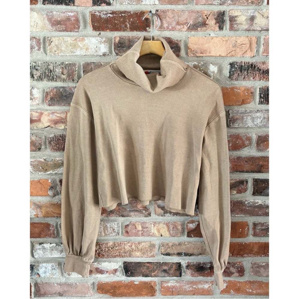 Free People Beach Tan Cotton Boxy Crop Long Sleeve Turtleneck Shirt Top, L